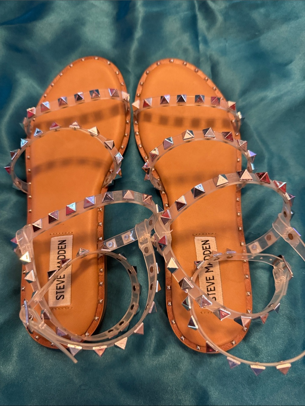 Steve Madden Clear Studded Strappy Sandals with Tan Footbed